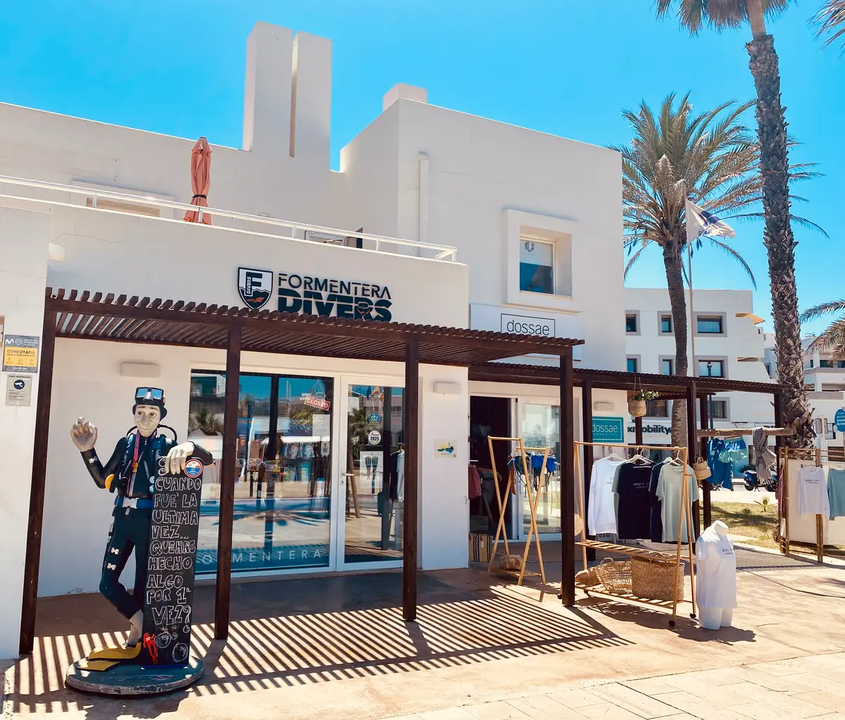 Front view of Formentera Divers diving center at La Savina Port in Formentera, Spain